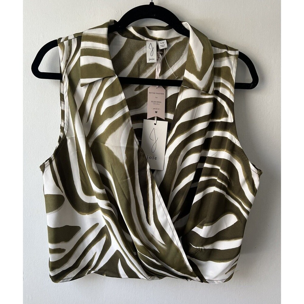 Joie Faux Wrap Sleeveless Top Green Animal Print Large NEW